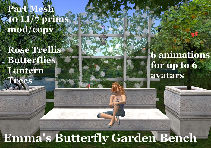 Emma's Butterfly Garden Bench Part Mesh 10 LI (7 prims) - 6 animations for up to 6 avatars-roses-lantern-butterflies
