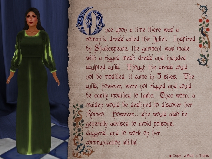 Fables' Juliet Renaissance Dress in Green Wool with Green Chemise