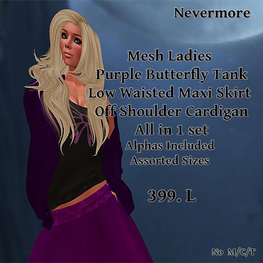 Nevermore 2 PC Mesh Purple Butterfly Ladies Cardigan & Tank  Box