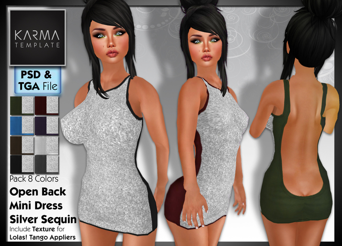 Karma Template - PSD & Tga - Open Back Mini Dress Silver Sequin - 8 Colors