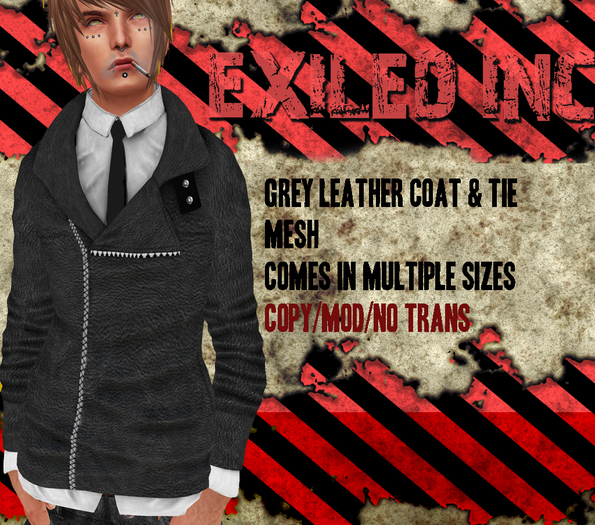 [Exiled Inc.] Grey Leather Mens Coat & Tie [MESH]