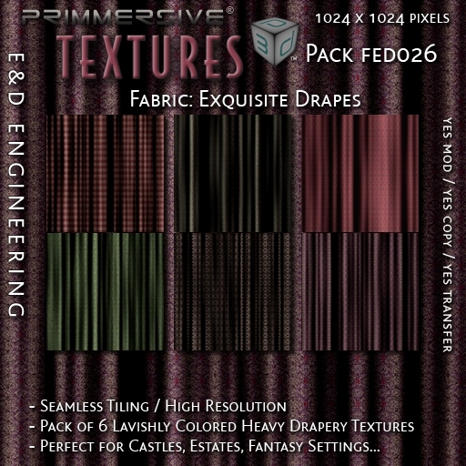 [FED026] 6 1024px Exquisitely Patterned Rippled Fabric and Drapery Patterns for Curtains and Drapes by E&D ENGINEERING