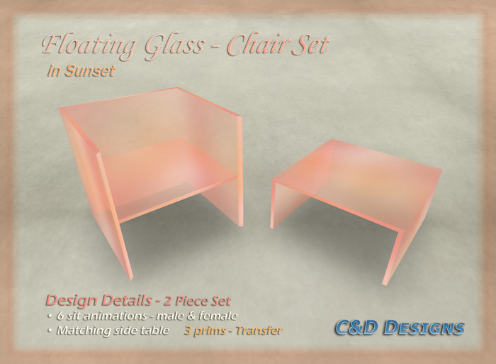 C&D Designs - Floating Glass - Chair Set in Sunset - DISCOUNTED 80% Off  