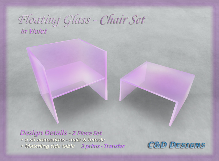 C&D Designs - Floating Glass - Chair Set in Violet - DISCOUNTED 80% Off 
