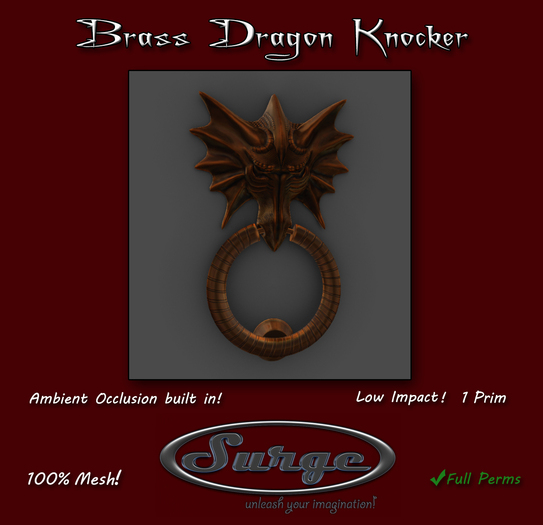 Brass Dragon Door Knocker - 1 Prim! - Ambient Occlusion Built In!