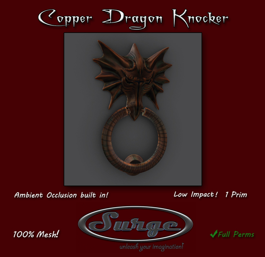 Copper Dragon Door Knocker - 1 Prim! - Ambient Occlusion Built In!