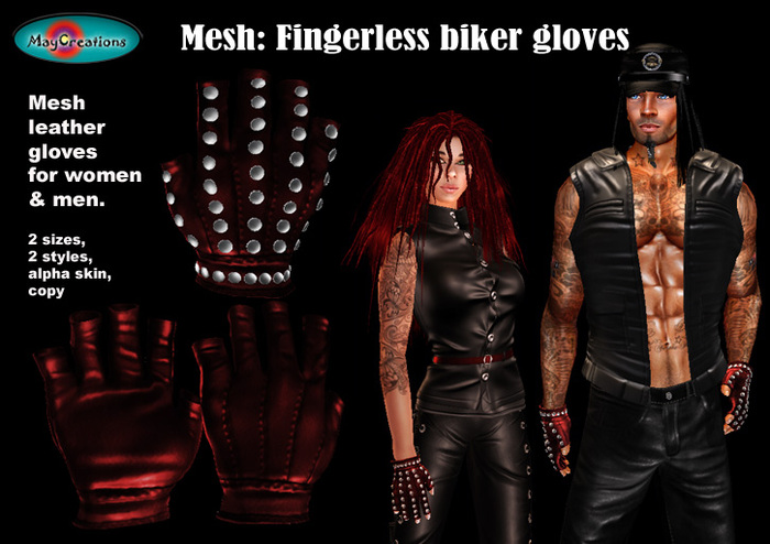 MayCreations mesh fingerless biker gloves red