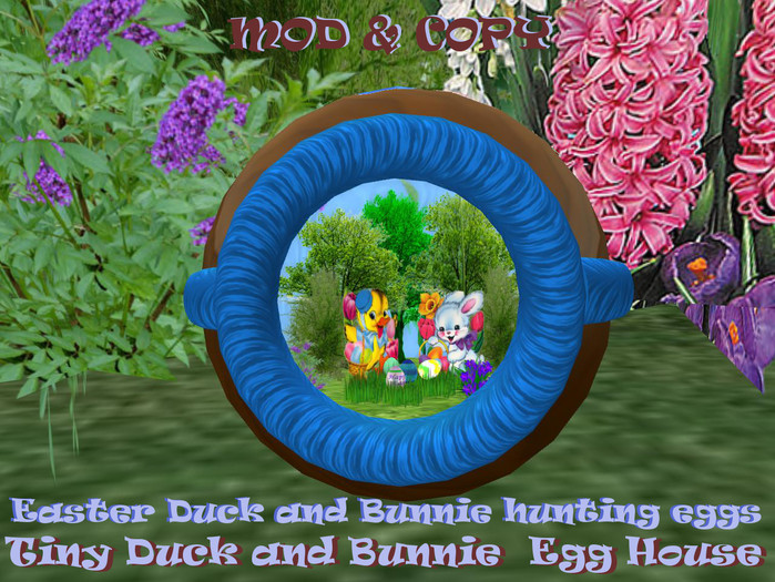 Easter Duck and Bunnie hunting eggs into a tiny house
