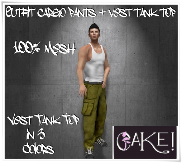 [[>CaKe!<]]-Mesh outfit cargo pants + vest tank top-Green