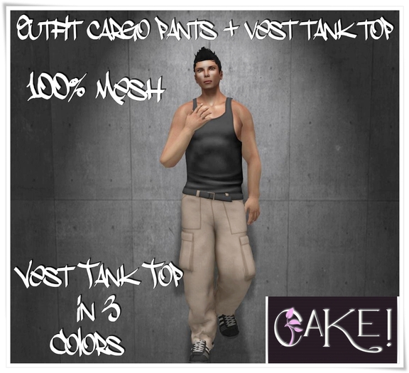 PROMO_[[>CaKe!<]]-Mesh outfit cargo pants + vest tank top-Beige