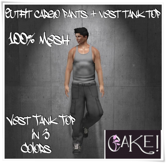 [[>CaKe!<]]-Mesh outfit cargo pants + vest tank top-Black