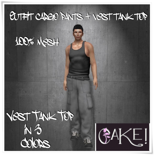 [[>CaKe!<]]-Mesh outfit cargo pants + vest tank top-Grey
