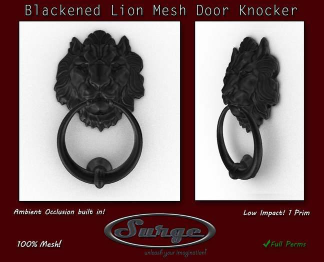 Blackened Lion Door Knocker - 1 Prim! - Ambient Occlusion Built In!
