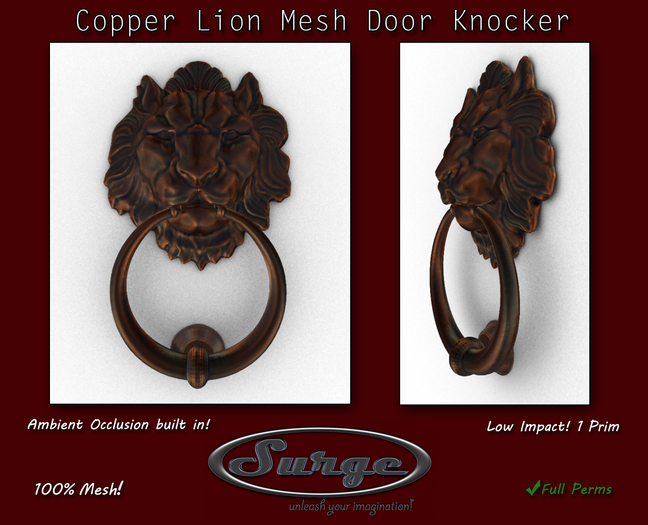 Copper Lion Door Knocker - Updated! Scriptable Version now Included! 1 Prim! - Ambient Occlusion Built In!