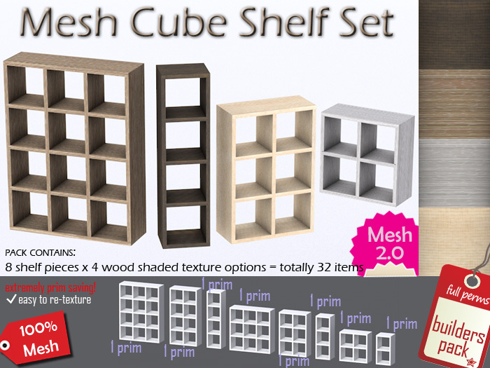 Mesh Wood Cube Shelf Set Builders Pack [Full Perm] 