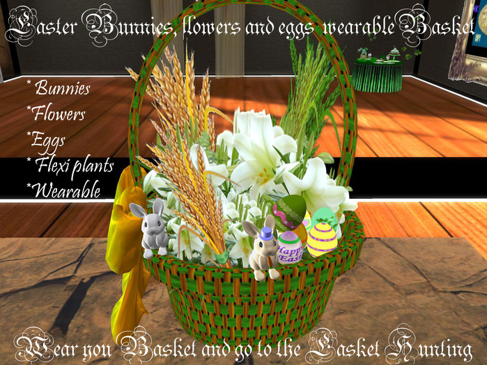Easter Bunnies, flowers and eggs Basket