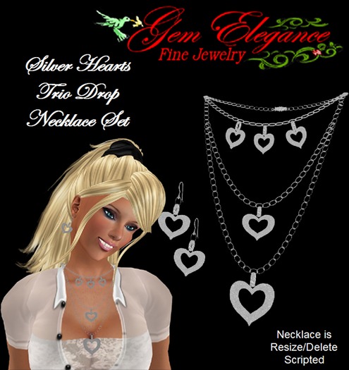 Gem Elegance Silver Hearts Trio Drop Necklace Set