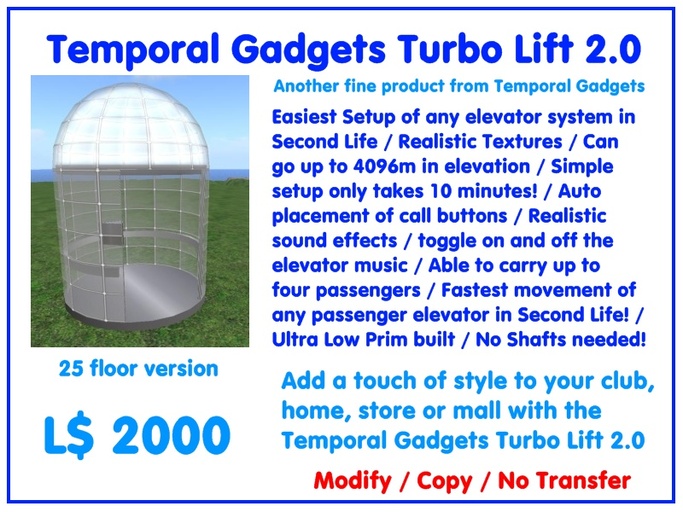 Temporal Gadgets Turbo Lift System 2.0 (25 Floor Version)