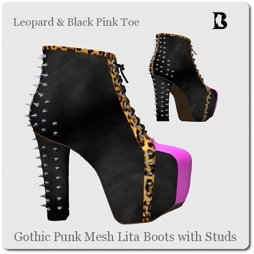 Gothic Punk Mesh Lita Boots with Studs Pink Toe