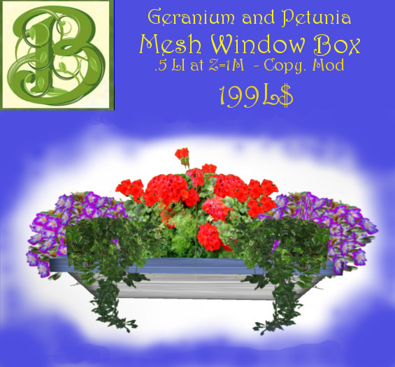 Mesh Window Flower Box  Geranium &  Purple Petunias - 1 Prim