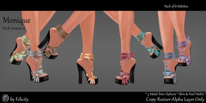 *Felicity* Monique Stilettos Pack 2 -  8 Pack Studded High Heels Shoes (Sculpted Shoes with Chunky Heel, 5 Metal Trims)