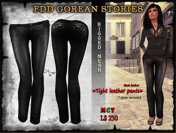 FDD Tight Leather Pants, Black leather, rigged mesh
