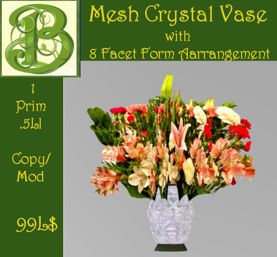 Mesh Crystal Vase with Salmon  Roses - Only  1 Prim - .5LI