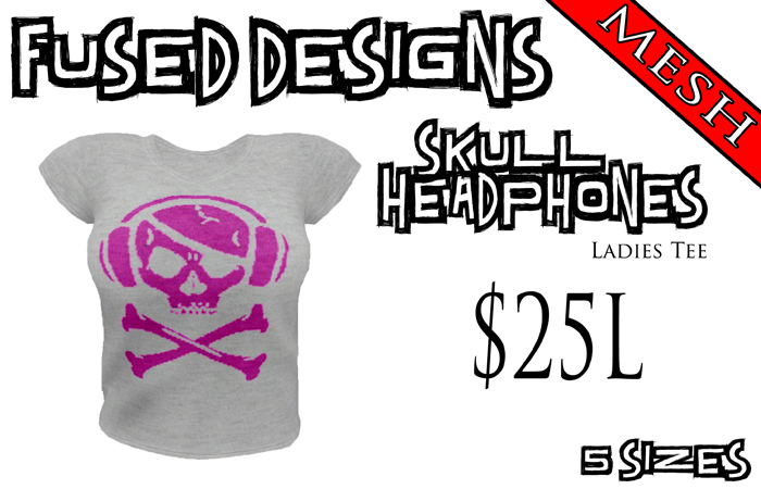 FUSED Designs Ladies Mesh Pink Skull Headphones Tee