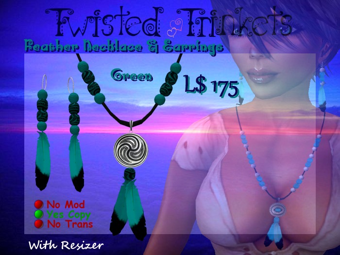 Feather Set Green Necklace & Earrings