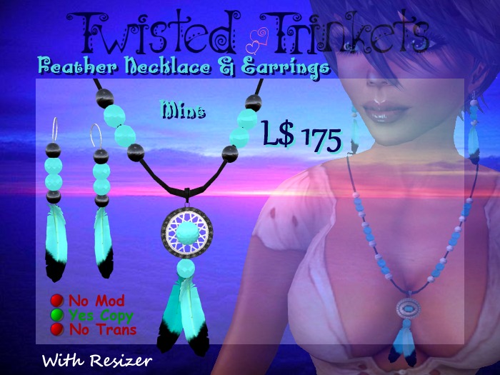 Feather Set Mint Necklace & Earrings