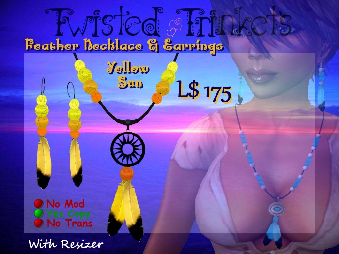 Feather Set Yellow Sun Necklace & Earrings