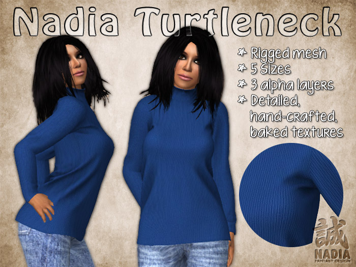 ~Nadia~ Turtleneck Blue - Rigged Mesh Sweater