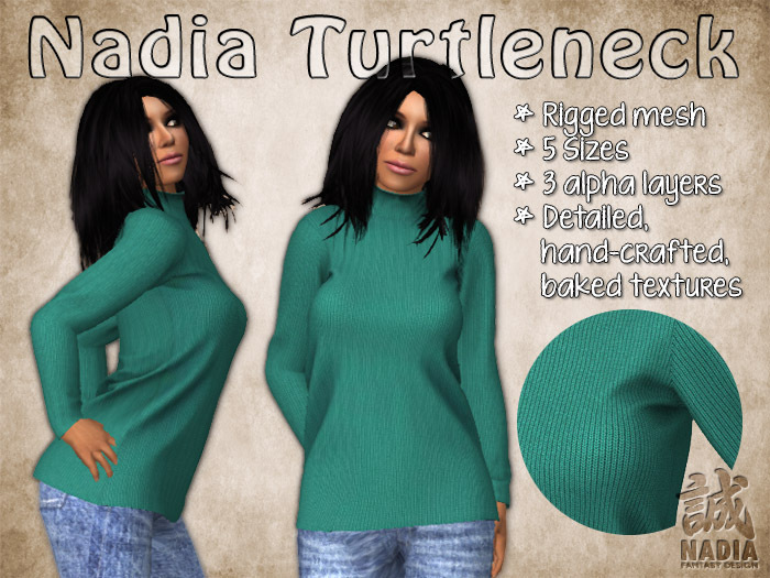 ~Nadia~ Turtleneck Emerald - Rigged Mesh Sweater