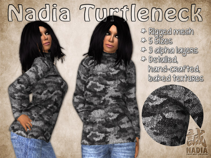 ~Nadia~ Turtleneck Urban Camo - Rigged Mesh Sweater in knitted camo pattern