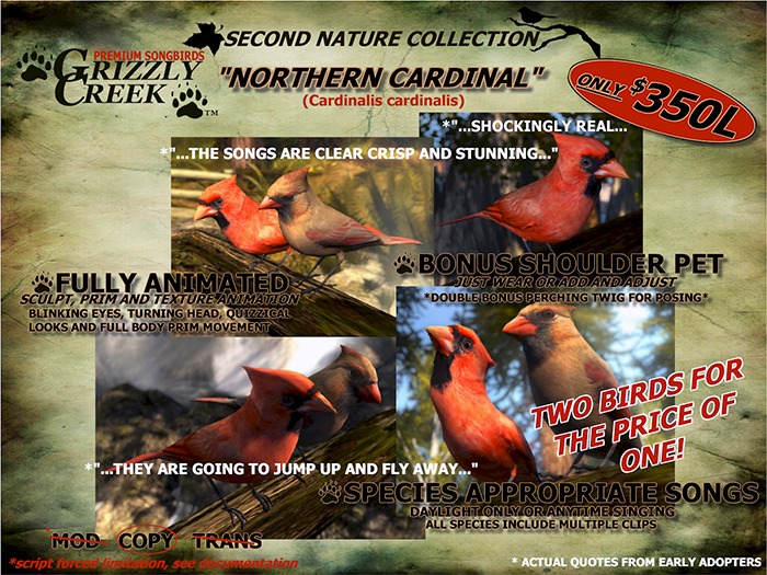 Grizzly Creek Northern Cardinal PAIR -Rez or Wear-