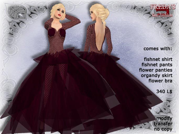Second Life Marketplace - Freda's mod.055 Red sexy sheer fishnet evening  gown with long wide flex skirt
