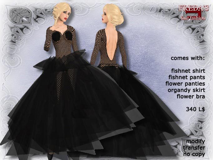 Second Life Marketplace - Freda's mod.055 Black sexy sheer fishnet evening  gown with long wide flex skirt