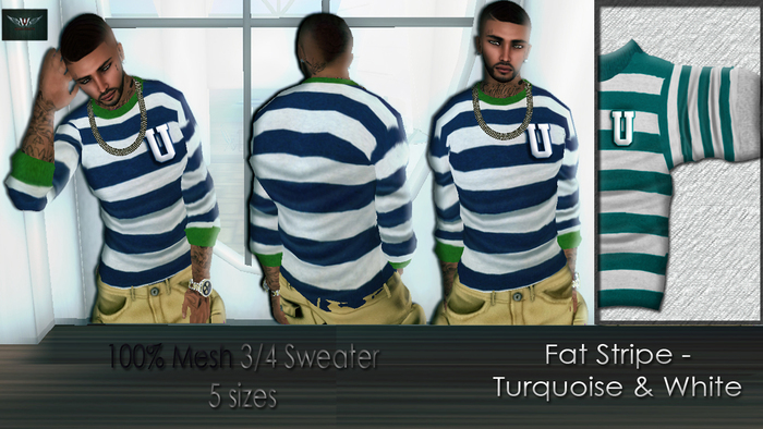 UrbnWMesh3/4 Sweater - Fat Stripe-Turq&Wht (5 sizes)(touch me)