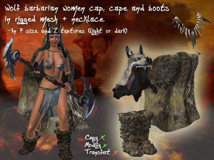 Wolf barbarian cap, cape and boots women