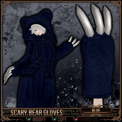 [Mesh] =^.^= Curious Kitties - Scary Bear Gloves - Blue