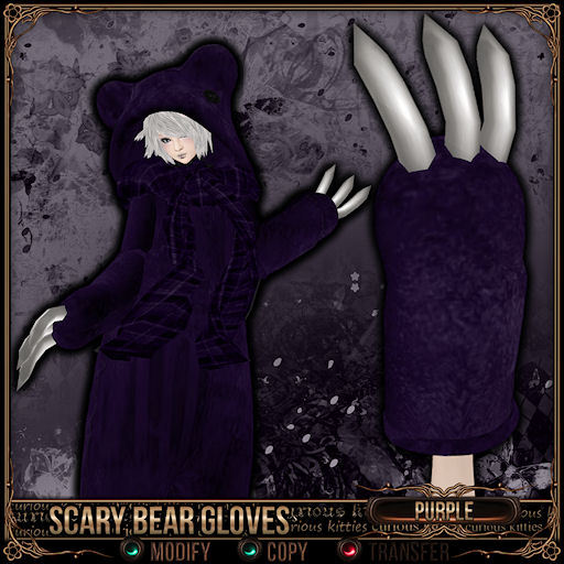 [Mesh] =^.^= Curious Kitties - Scary Bear Gloves - Purple