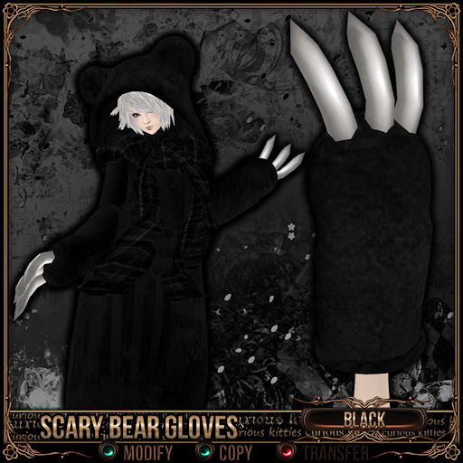 [Mesh] =^.^= Curious Kitties - Scary Bear Gloves - Black