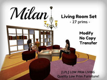 Milan Living Room Set - ottoman, bookshelf, vase, books, chandelier
