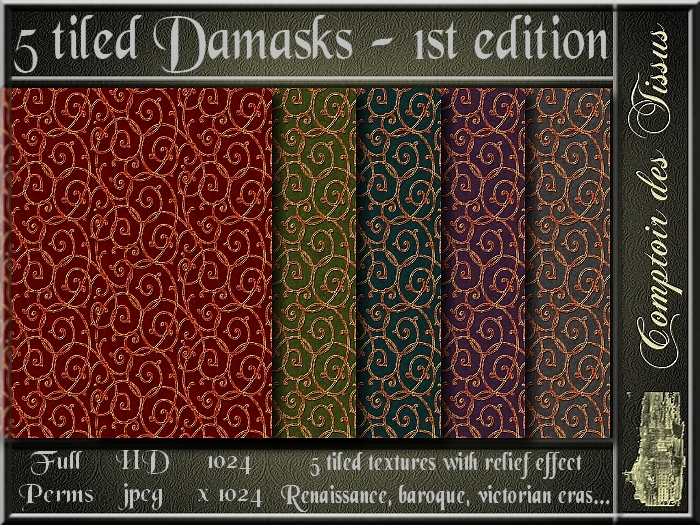 Tiled Damasks - 1st edition - 5 FULL PERMS Jpeg textures 1024 x 1024 