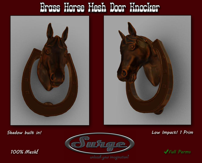 Brass Horse Door Knocker - 1 Prim! - Shadow Built In!