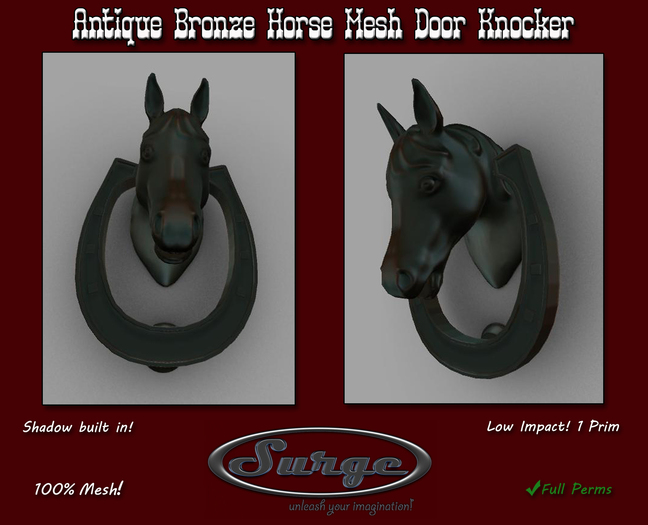 Antique Bronze Horse Door Knocker - 1 Prim! - Shadow Built In!