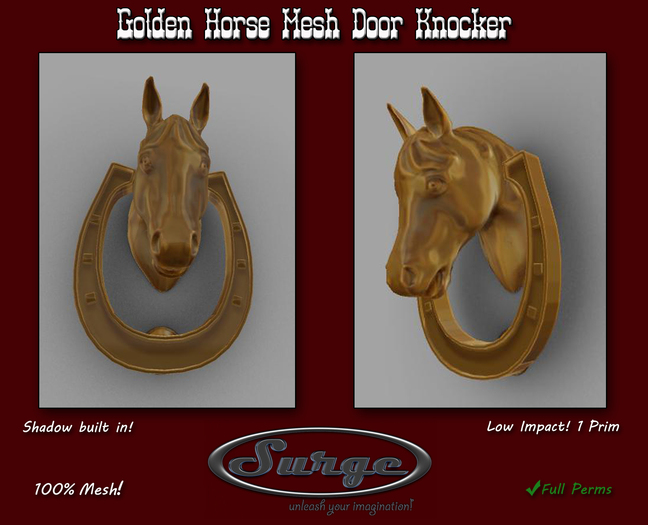Golden Horse Door Knocker - 1 Prim! - Shadow Built In!
