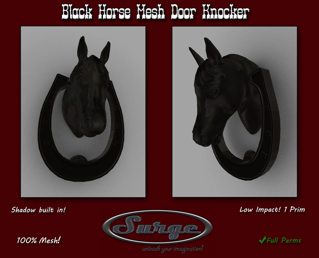 Black Horse Door Knocker - Updated! Scriptable Version now Included! 1 Prim! - Shadow Built In!