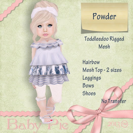 *Baby Pie* Toddleedoo -Powder- Custom Rigged Mesh Complete Outfit - Peasant / Ruffle / Tiered Complete Outfit!