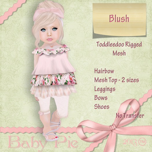 *Baby Pie* Toddleedoo -Blush- Custom Rigged Mesh Complete Outfit - Peasant / Ruffle / Tiered Complete Outfit!